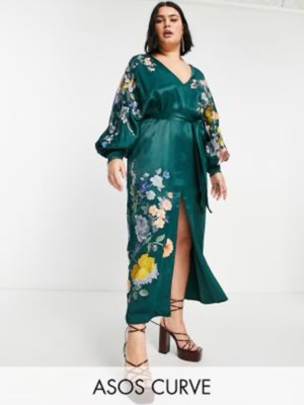 ASOS EDITION satin belted midi dress with floral embroidery in forest green